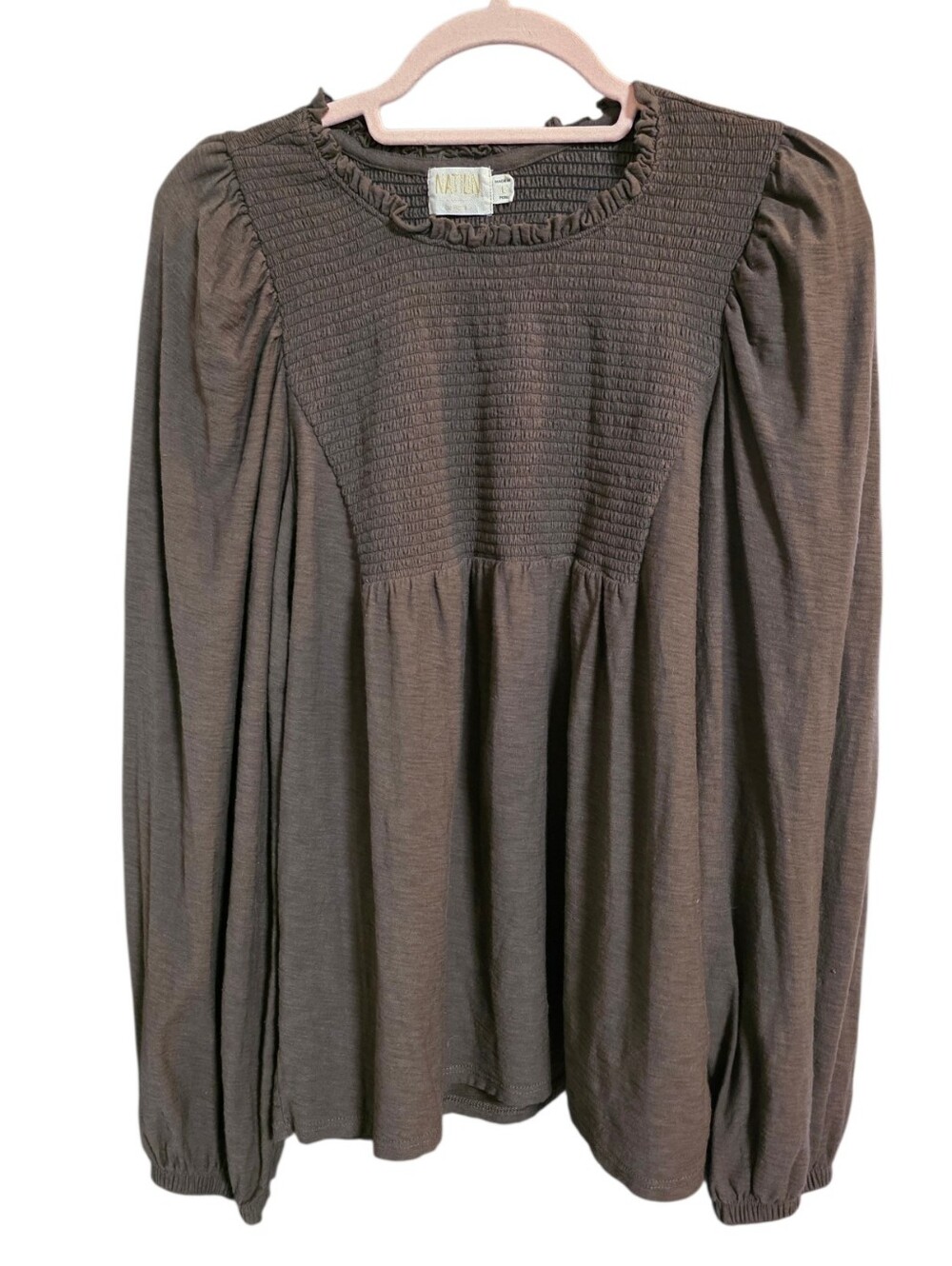 Nation LTD Brown Lightweight Smocked Long Sleeved Neutral Puma Cotton Top - Picture 1 of 6
